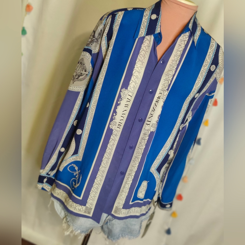 Ellen Tracy Stunning dated Deadstock Scarf Print ship crests stripe Silk chic - Picture 2 of 15